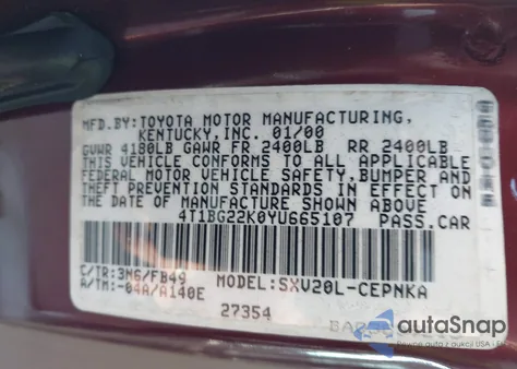 2000 Toyota Camry Le из США, поврежденный, VIN 4T1BG22K0YU665107